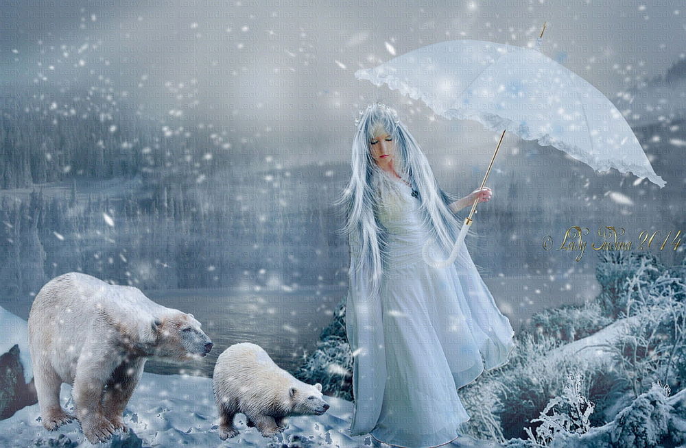 Обои для рабочего стола Девушка с длинными, белыми волосами, держащая в руке белый зонтик, стоящая на берегу водоема под падающим снегом, рядом с ней стоят белая медведица с медвежонком, автор Lady Judina