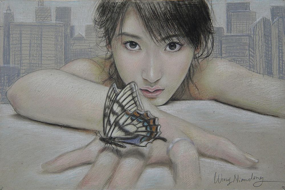 Обои для рабочего стола Девушка с бабочкой на руке на фоне города, художник Wang Niandong