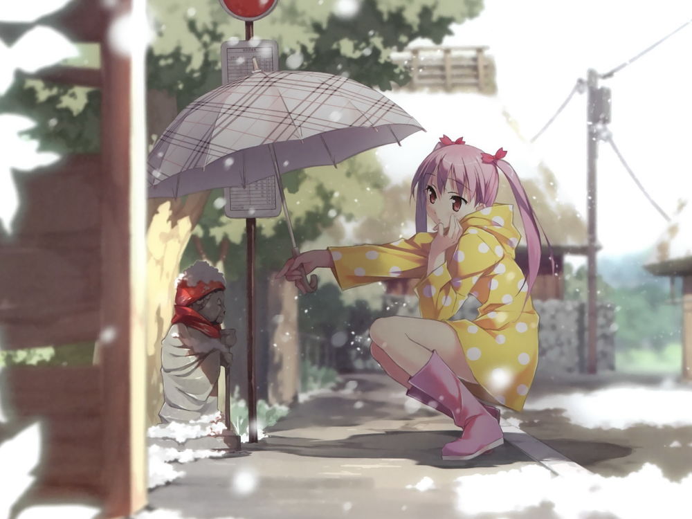 Фонарь с зонтиком над скамейкой