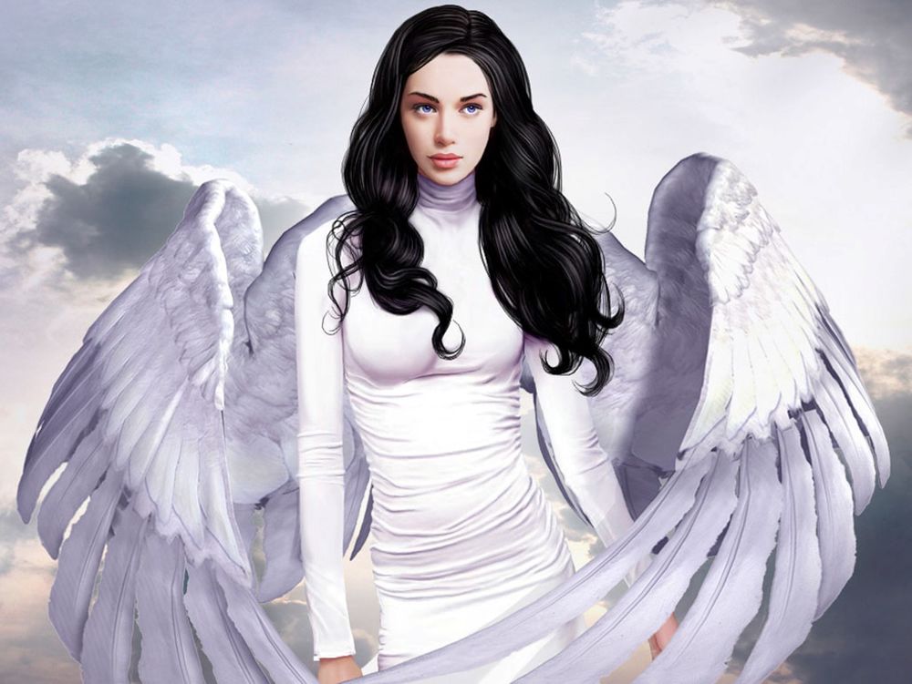 Обои для рабочего стола Девушка-ангел с большими белыми крыльями