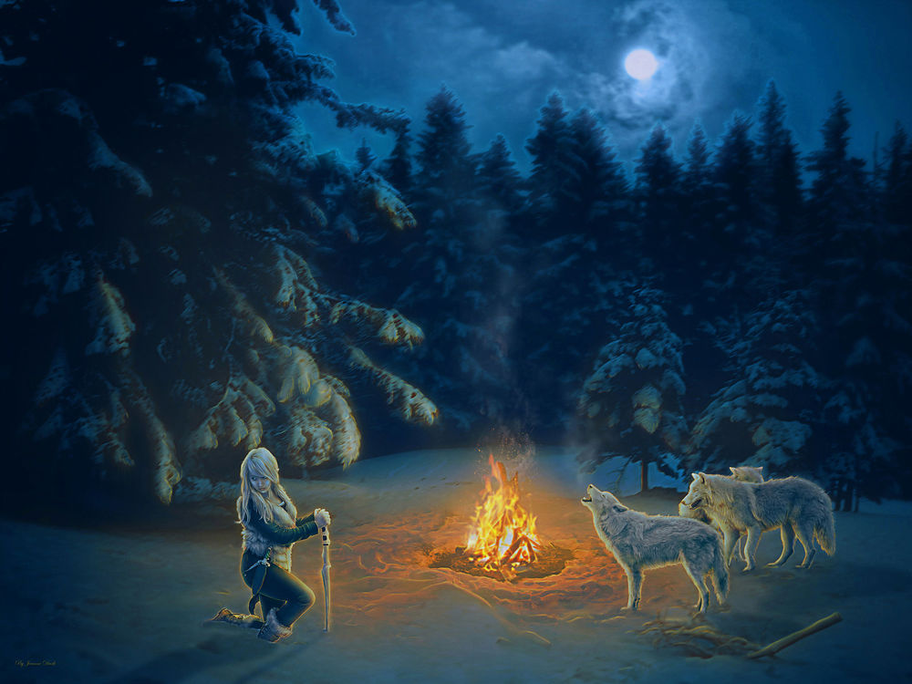 Обои для рабочего стола Девушка и волки у зимнего костра, by IvannaDark