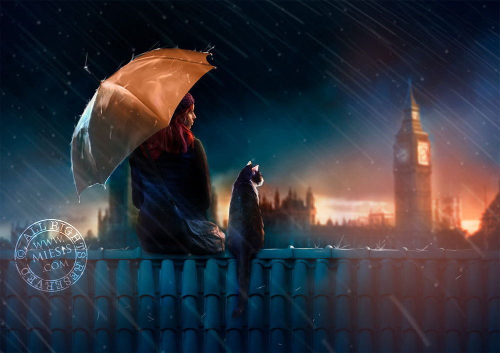 Обои для рабочего стола Девушка, держащая в руке зонтик, сидящая на барьере на крыше дома под сильным дождем, рядом с ней сидит кот на фоне городских зданий, автор Miesis