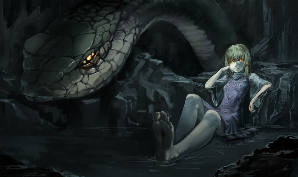 Обои для рабочего стола Kochiya Sanae сидит в воде, облокотившись на камень, рядом с ней ее огромная змея из игры Touhou