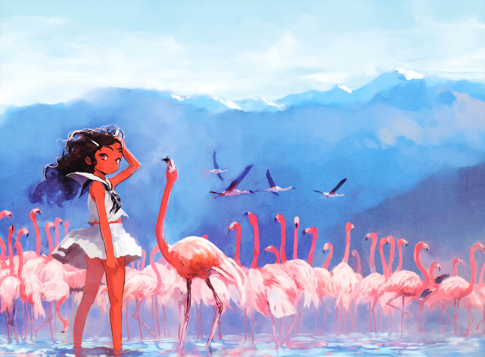 Обои для рабочего стола Девушка в коротком платье стоит в воде среди розовых фламинго, на фоне гор летят птицы