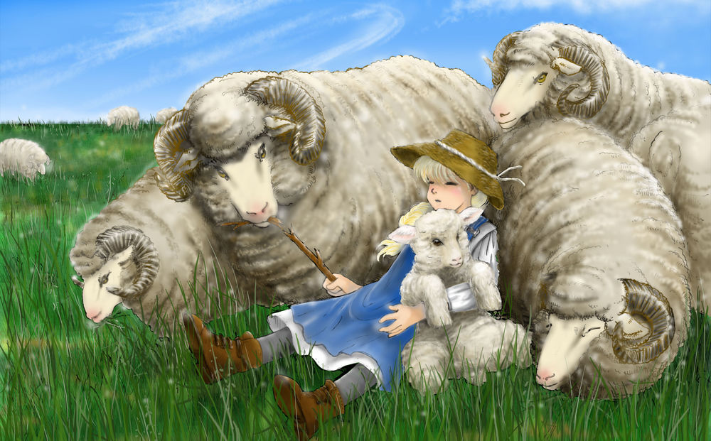 Обои для рабочего стола Спящая девушка и стадо овец