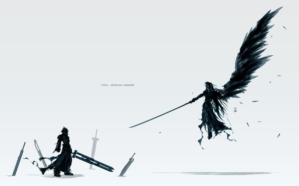 Обои для рабочего стола Sephiroth / Сефирот и Cloud Strife / Клауд Страйф из компьютерной игры Final Fantasy VII / Последняя Фантазия 7 (I will. never be a memory)