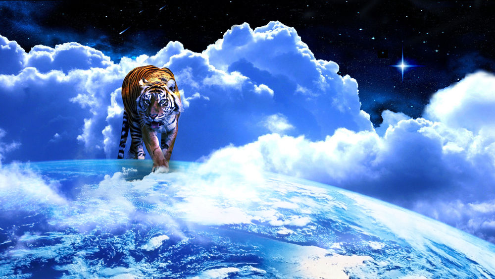 Обои для рабочего стола Тигр идет по планете на фоне облаков