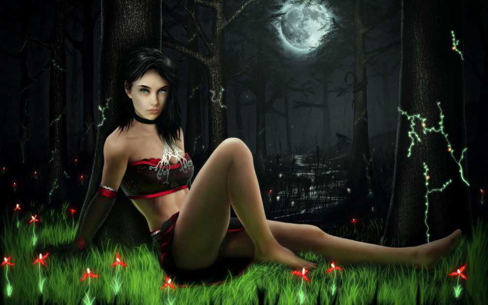 Обои для рабочего стола Темноволосая девушка, сидящая на зеленой траве с красными цветами на фоне ночного неба и полной луны