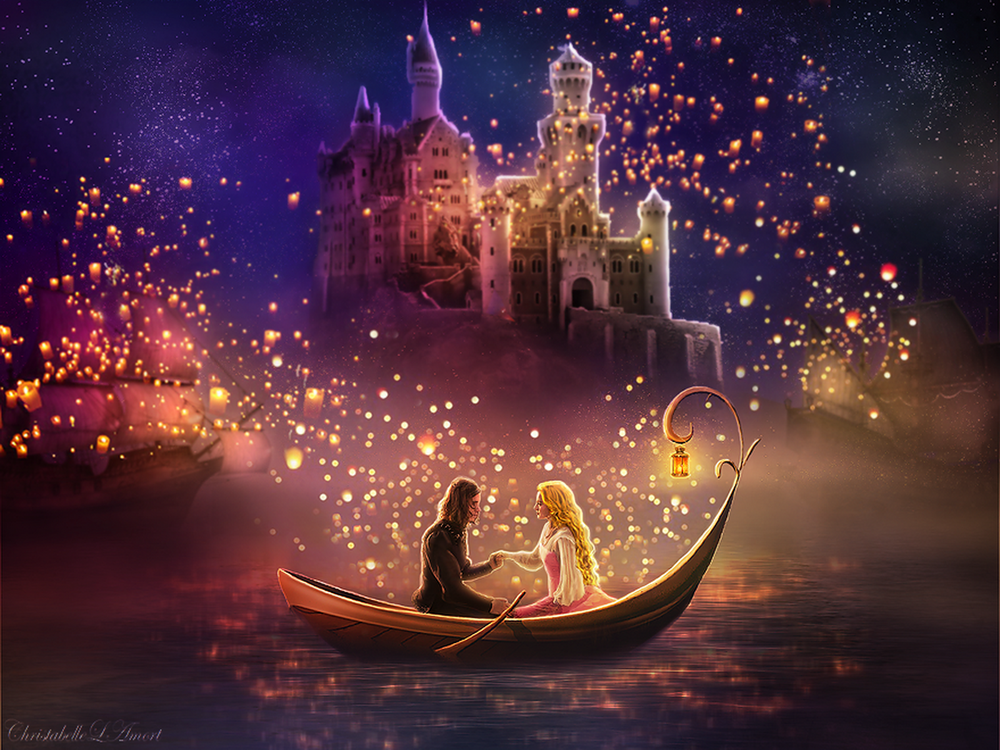 Обои для рабочего стола Влюбленные парень и девушка, держа друг друга за руки, сидящие в лодке, плавающей в воде напротив замка на фоне ночного, звездного неба и парящих в небе горящих китайских фонариков, автор ChristabelleLAmort