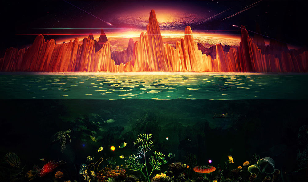 Обои для рабочего стола Часть подводного мира с виднеющимся вдали скалистым берегом, над которым пролетают метеориты и видно Солнце
