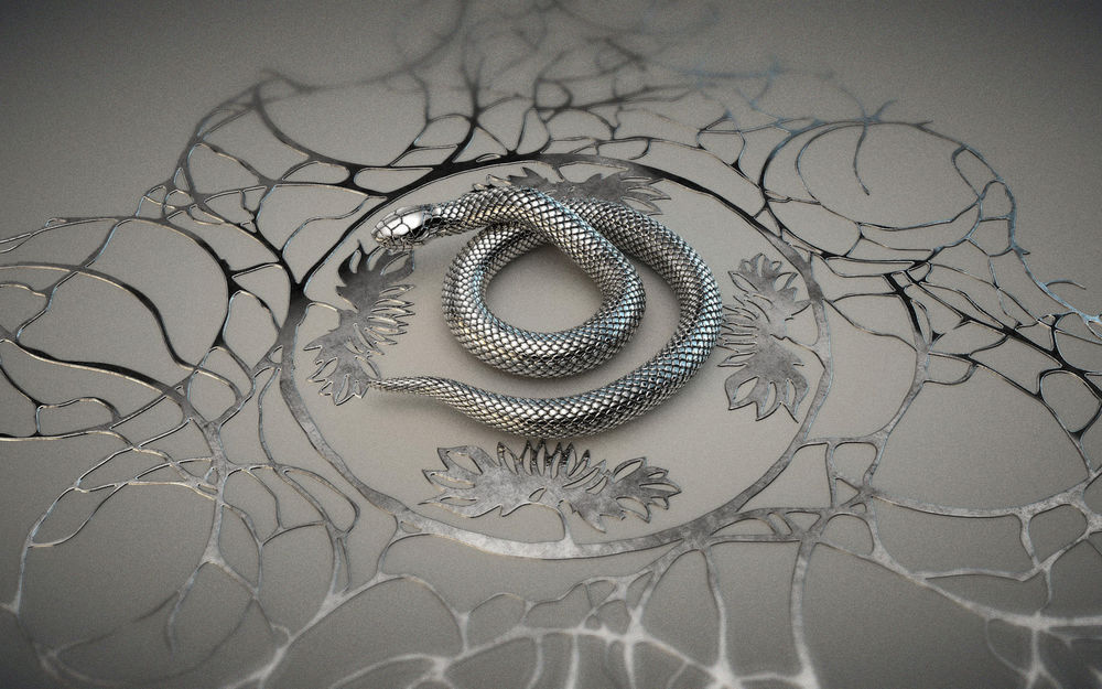 Обои для рабочего стола Серебряная змейка лежит на поверхности с серебряным абстрактным узором