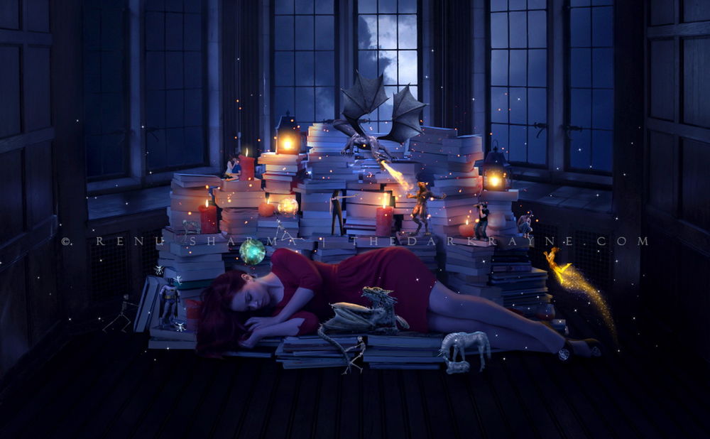 Обои для рабочего стола Девушка, спящая в библиотеке на книгах и листах бумаги в окружении горящих фонарей и сказочных персонажей: огнедышащих драконов, единорогов, мужчин и женщин и других героев, автор TheDarkRayne