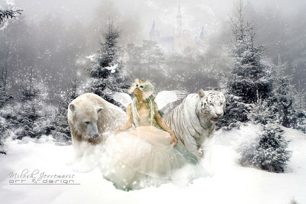 Обои для рабочего стола Девушка с маской на лице, ангельскими крылышками за спиной, одетая в легкое, пышное платье, стоящая в глубоком снегу рядом с белым медведем и тигром под падающим снегом на фоне замка и серого неба, автор Milosh Jevremovic