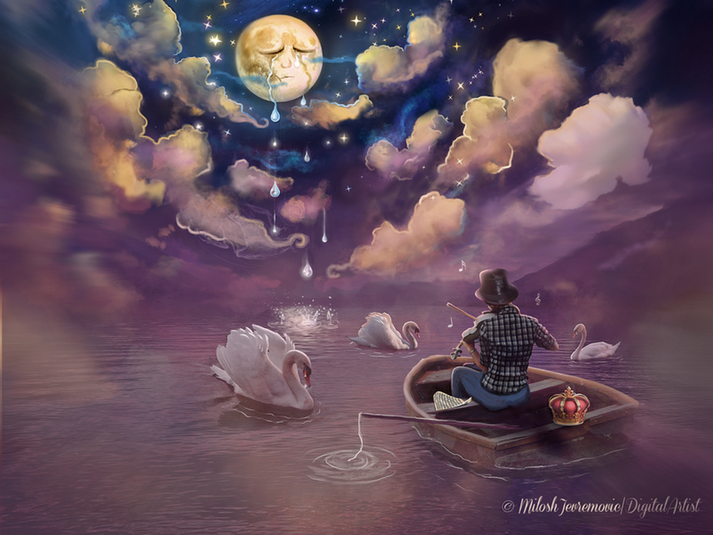 Обои для рабочего стола Мальчик в шляпе, играющий на скрипке грустную мелодию, сидящий в лодке, плавающей в воде в окружении белых лебедей с опущенными головами, плачущим в небе с облаками солнцем, автор Milosh Jevremovic