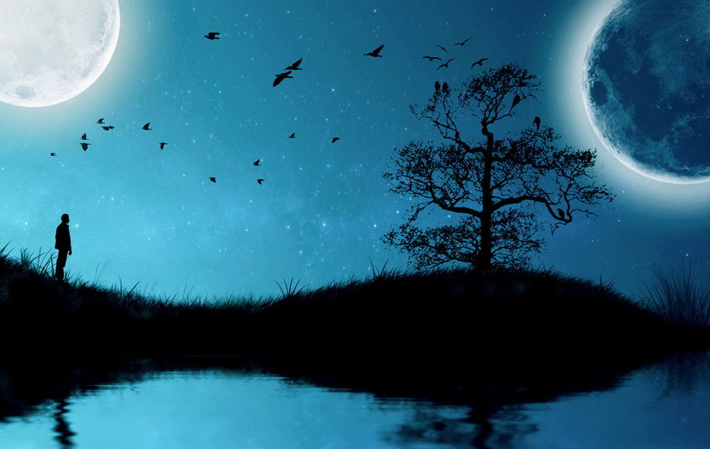 Обои для рабочего стола Мужчина, стоящий на заросшем травой островке с растущим деревом в окружении воды, любуется звездным, ночным небом с взошедшими планетами Солнечной системы, парящими птицами, автор ZedLord-Art