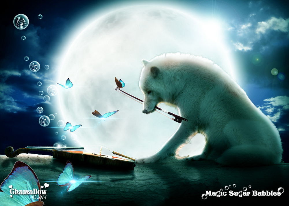 Обои для рабочего стола Белый волк, держащий в зубах смычок от скрипки, с сидящей на его конце бабочкой в окружении прозрачных пузырей с нотными знаками внутри на фоне ярко светящейся луны на ночном небе, автор MaGic-SuGar-Rubblec S