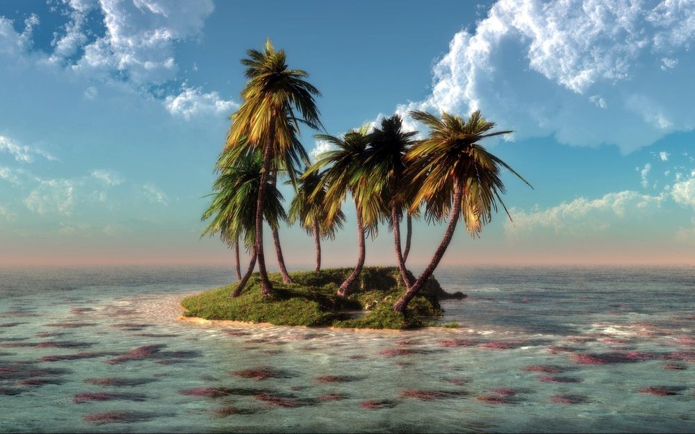 Обои для рабочего стола На зеленом острове посреди моря растут пальмы, на фоне голубого неба с белыми облаками