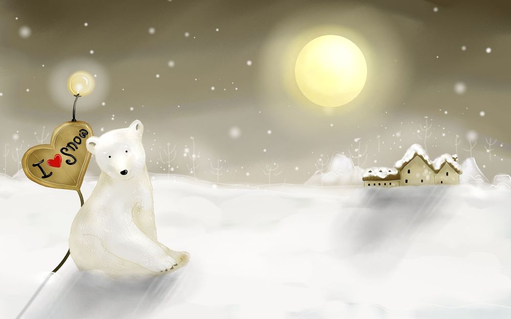 Обои для рабочего стола Мишка сидит на снегу около сказочного фонаря, вдалеке домики, на фоне ночного неба с полной луной