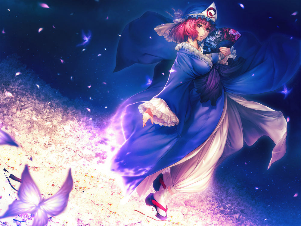 Обои для рабочего стола Yuyuko Saigyouji / Ююко Сайгедзи держит в руке веер из игры Проект Восток / Touhou Project