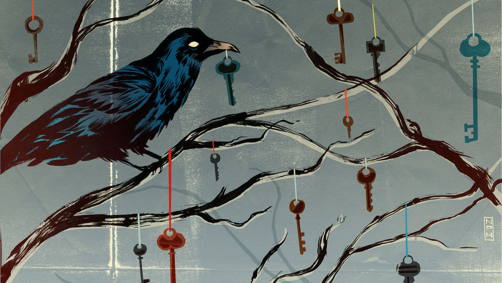 Обои для рабочего стола Черная ворона, сидящая на ветке дерева с металлическим ключом в клюве, с висящими на веревочках на ветках ключами