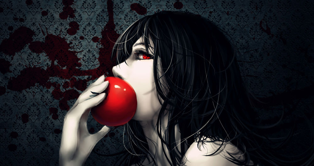 Обои для рабочего стола Темноволосая девушка с красным яблоком на темном фоне с кровью