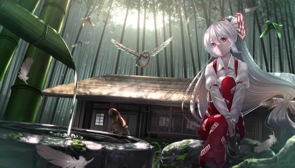 Обои для рабочего стола Fujiwara no Mokou / Фудживара но Моко сидит на камне покрытом мхом и наблюдает за течением воды, к ней отовсюду слетаются птицы, персонаж из серии компьютерных игр Touhou Project / «Проект «Восток»», art by Ryosios