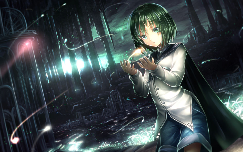 Обои для рабочего стола Wriggle Nightbug / Риггл Найтбаг смотрит на летающего над ее ладошками светлячка, персонаж из серии компьютерных игр Touhou Project / «Проект «Восток»», art by Ryosios