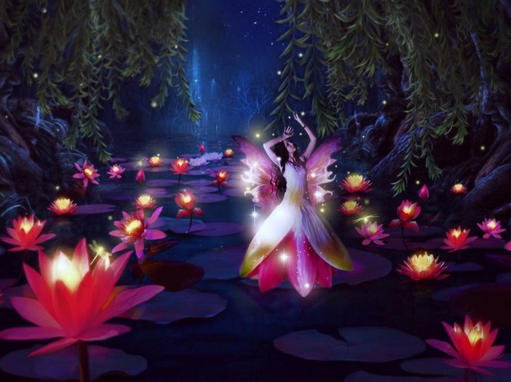Обои для рабочего стола Лесная девушка-фея в цветочном платье, стоящая на листке лотоса, растущего в лесном ручье в окружении ярко светящихся лотосов на фоне звездного, ночного неба, автор misscc59760
