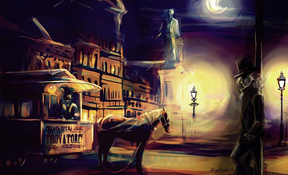 Обои для рабочего стола Мужчина стоит у фонарного столба в ночном городе, by sheepSkeleton