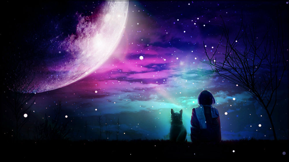 Обои для рабочего стола Девочка с собакой сидят у дерева и смотрят на ночное звездное небо, by ElizabethCute1998