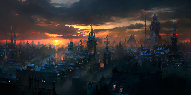 Обои на рабочий стол Город и заходящее солнце, art by JonasDeRo