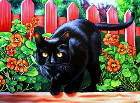 Обои на рабочий стол Черный кот на фоне забора в цветах, by HelenFelicia