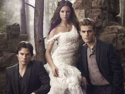 Обои на рабочий стол Нина Добрев / Nina Dobrev, Томас Уэсли / Thomas Wesley и Иэн Сомерхолдер / Ian Somerhalder, исполнители главных ролей в сериале Дневники вампира / The Vampire Diaries
