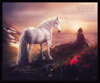 Обои на рабочий стол Единорог стоит на фоне природы, by schwartze