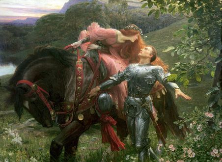 Обои на рабочий стол Девушка на лошади и рыцарь в доспехах, художник John William Waterhouse / Джон Уильям Уотерхаус