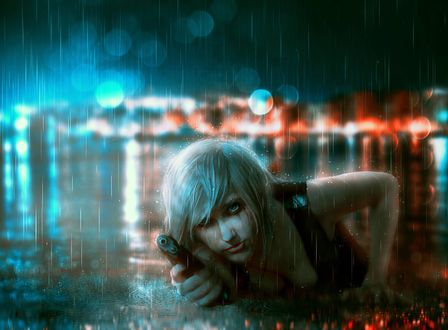 Обои на рабочий стол Девушка с пистолетом лежит на земле под дождем, by Aya-Redfield