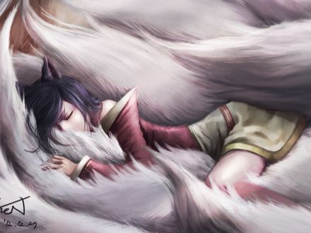 Обои на рабочий стол Ahri / Ари из игры Лига Легенд / League of Legends спит в своих хвостах