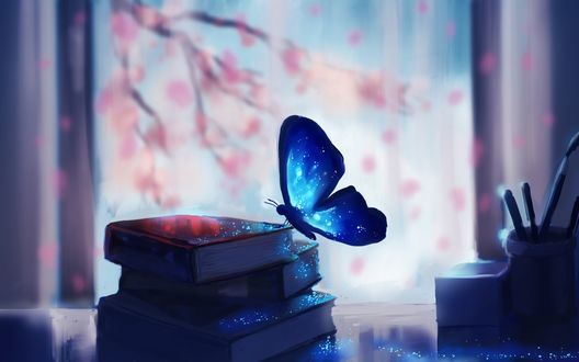 Обои на рабочий стол На книгах лежащих на столе сидит голубая бабочка