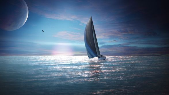 Обои на рабочий стол Парусник плывущий в море на закате солнца
