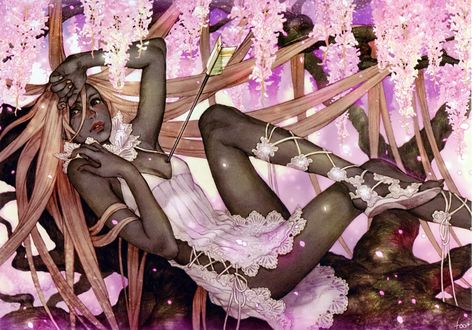 Обои на рабочий стол Девушка со стрелой в груди, art by Midori Foo