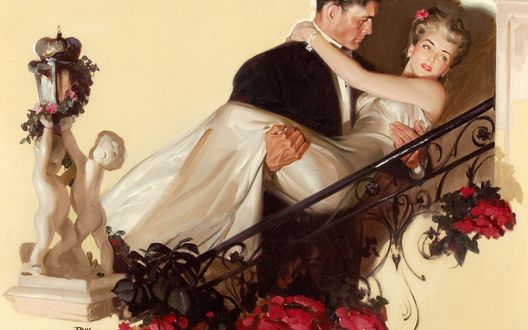 Обои на рабочий стол Жених несет свою невесту на руках вверх по лестнице, by Tom Lovell