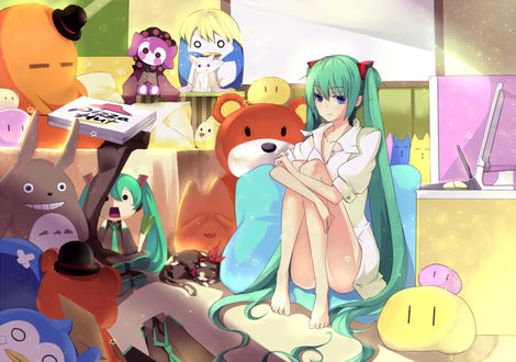 Обои на рабочий стол Вокалоид Хатсуне Мику / Vocaloid Hatsune Miku сидит среди игрушек