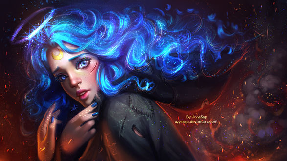 Обои на рабочий стол Девушка с нимбом над головой и полумесяцем во лбу, art by ayyasap