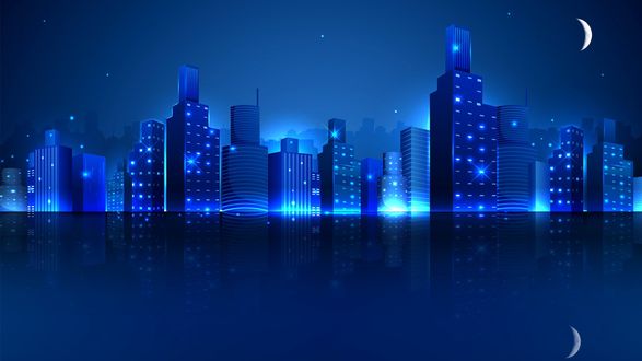 Обои на рабочий стол Голубой город в голубой ночи