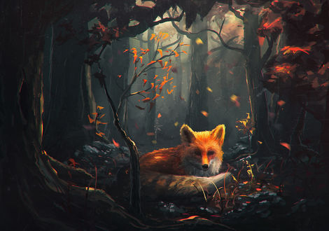 Обои на рабочий стол Лиса в осеннем лесу, art by sylar113