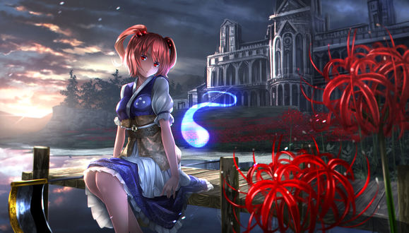 Обои на рабочий стол Komachi Onozuka / Комачи Онодзука сидит на деревянной кладке возле водоема на берегу которого растут красные цветы, чуть дальше виден особняк, персонажи из серии компьютерных игр Touhou Project / «Проект «Восток»», art by Ryosios