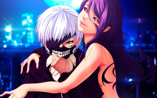 Обои на рабочий стол Rize Kamishiro / Ризэ Камиширо и Ken Kaneki / Кэн Канэки из аниме Tokyo Ghoul / Токийский Гуль