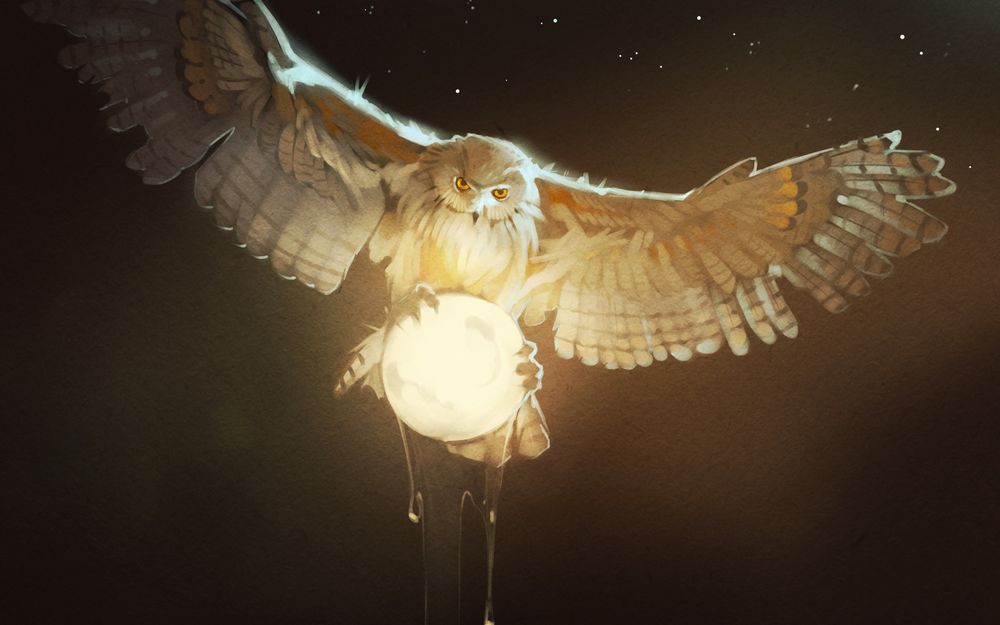 Обои для рабочего стола Полярная сова, держащая в когтях светящийся шар, летящая на фоне ночного, звездного неба