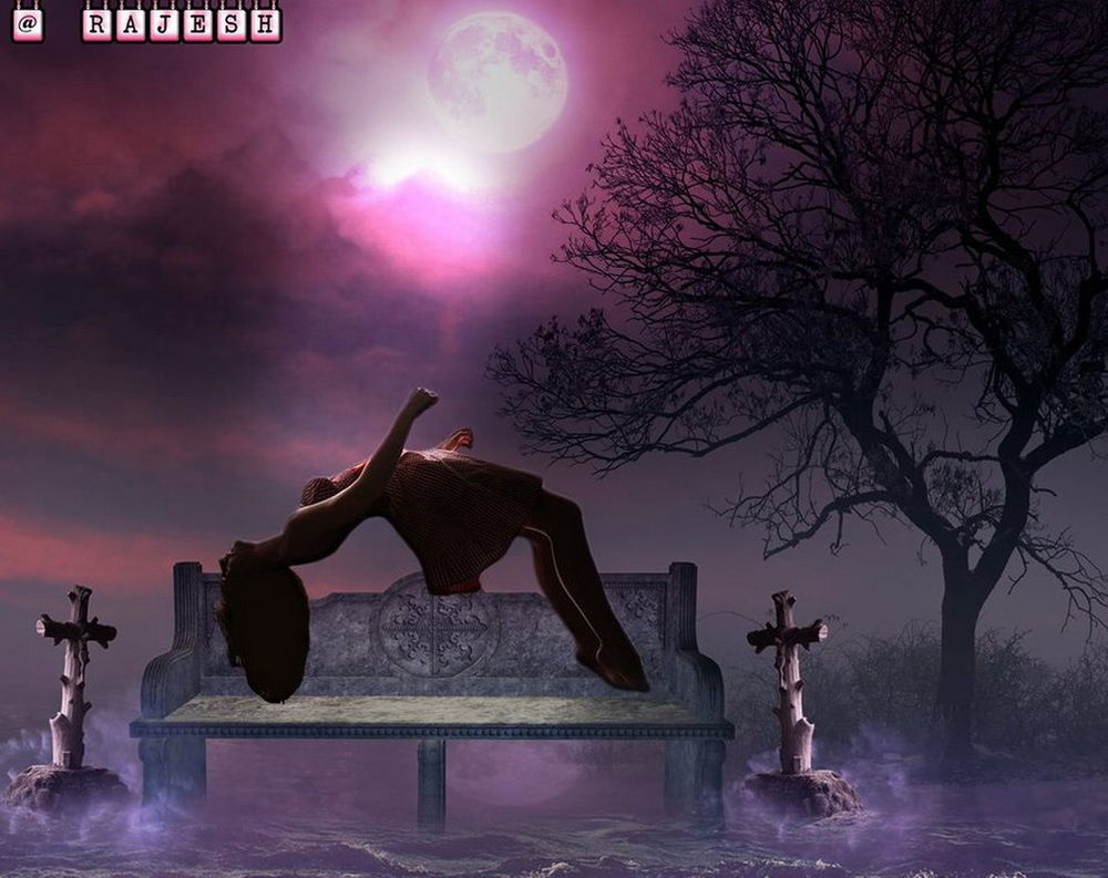 Обои для рабочего стола Спящая девушка, парящая в воздухе над каменной скамейкой, стоящей в воде между двумя деревянными крестами на фоне ночного неба и вышедшей из-за туч луной, автор Rajesh98