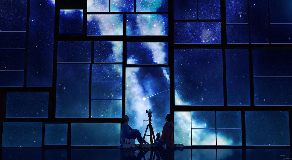 Обои для рабочего стола За ночным звездным небом через телескоп, сидя у большого окна в пустом зале, наблюдают девушка, парень и кошка